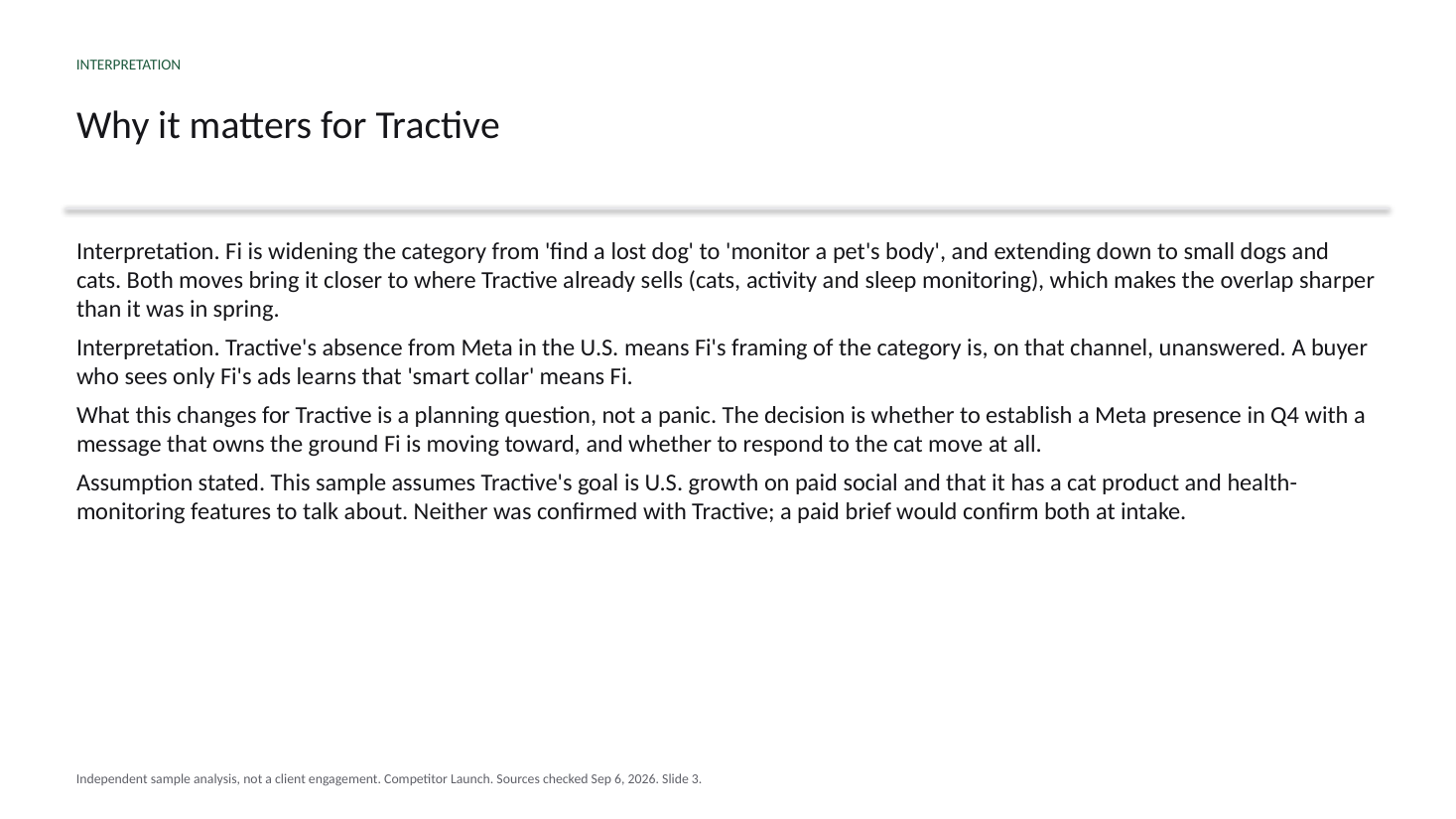 Sample brief slide, Why it matters. The interpretation of the competitor move, its confidence level, and the assumptions behind it.